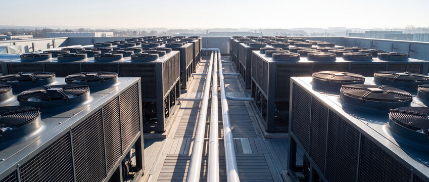 Industrial HVAC units on commercial rooftop feature modern metallic ventilation chillers and insulated piping under sunlight for energy-efficient building climate control