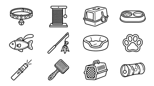 Pet Care Icons Set: Cat Accessories, Food Bowl, Carrier, Bed, Toys, Grooming Tools