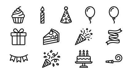 Fototapeta premium Birthday Party Icons Set: Cupcake, Candle, Hat, Balloons, Gift, Cake, Confetti, Ribbon, Bunting