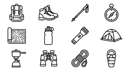Outdoor Adventure Gear Icons: Backpack, Boots, Tent, Compass, Map, Stove, Sleeping Bag © Akun