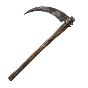 Rustic metal scythe with wooden handle isolated on transparent background agricultural tool used for harvesting grain crops worn textured equipment for historical reenactment.