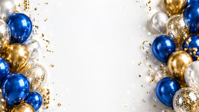 Decorative blue and gold party balloons arranged as side borders with balloons celebration decoration background birthday anniversary metallic confetti backdrop