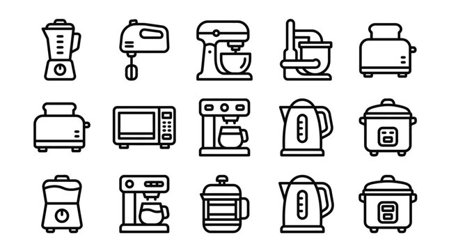 Kitchen Appliance Icons Set: Blender, Mixer, Toaster, Microwave, Kettle, Coffee Maker