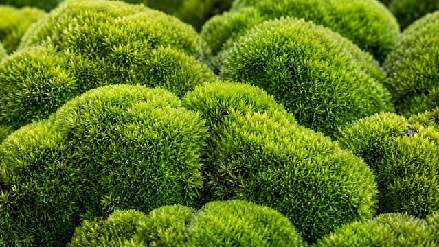 Closeup of vibrant green moss mounds, detailed texture of cushion moss growing in a dense forest carpet, natural botanical background