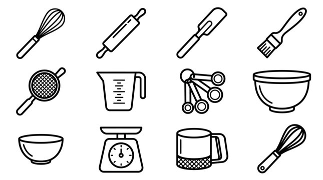 Baking Utensils Icons Set - Whisk, Rolling Pin, Spatula, Brush, Sieve, Measuring Cup, Scale