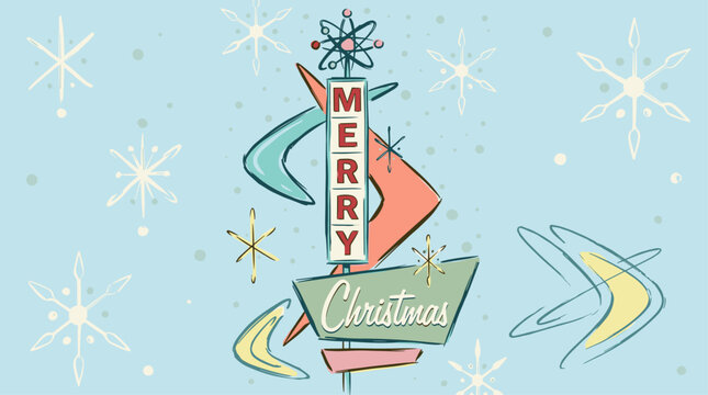 Celebrate the holidays in style. Merry Christmas retro card design. Atomic age roadside sign with boomerangs and starbursts. Mid century modern googie illustration for winter season backgrounds.