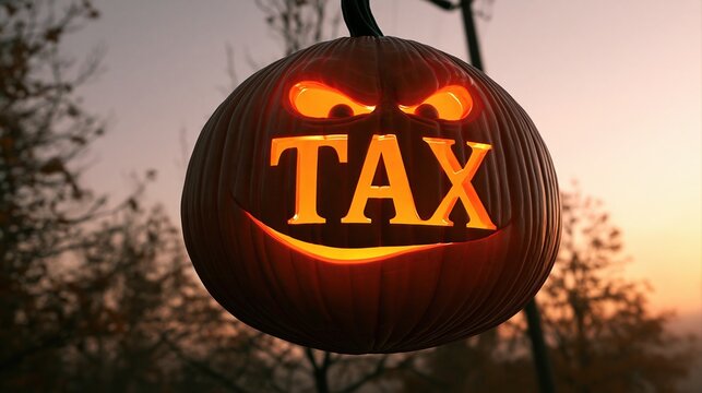 Spooky Halloween pumpkin with tax carved face glowing in evening light