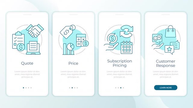 Product monetization models animated onboarding mobile app screens. Purchasing lifecycle. UI layout animation with cyan line concept icons. Modern flat interface style motion graphics