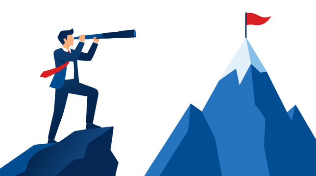 Ambitious Businessman Looking Through Telescope at Mountain Peak with Red Flag, Visionary Leadership, Goal Achievement, Strategic Planning, Success Aspirations, Corporate Ambition, Flat Design