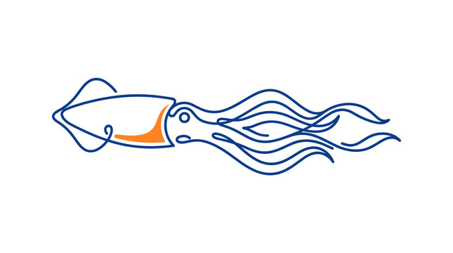 Abstract monoline squid icon featuring dark blue continuous line art with orange mantle accent. Minimalist marine cephalopod vector isolated on white background for logo design.