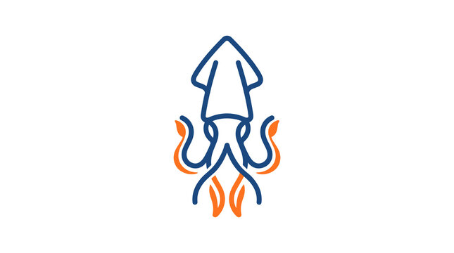 Geometric minimalist squid mascot logo featuring navy blue line art with orange tentacle accents, isolated on white background for marine branding, seafood identity, or esport team.