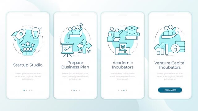 Startup growth strategies animated onboarding mobile app screens. Strategic enterprise launch. UI layout animation with cyan line concept icons. Modern flat interface style motion graphics