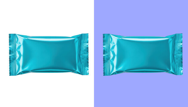 Blank cyan snack wrapper isolated on transparent background