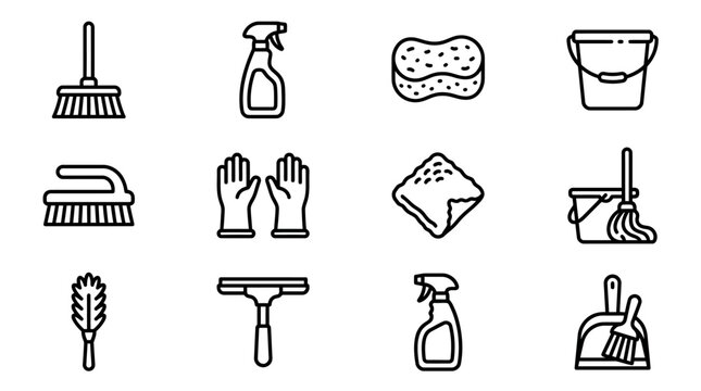 Cleaning Supplies Icon Set: Broom, Mop, Sponge, Gloves, Sprayer, Dustpan, Squeegee
