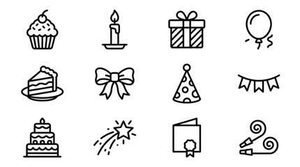 Fototapeta premium Birthday Party Icons Set: Cake, Cupcake, Candle, Gift, Balloon, Hat, Bunting Flags
