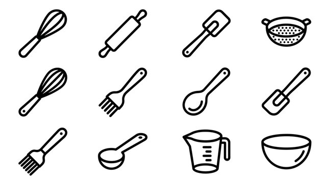 Baking Utensils Line Art Icons Set: Whisk, Rolling Pin, Spatula, Sieve, Fork, Spoon, Measuring Cup & Bowl
