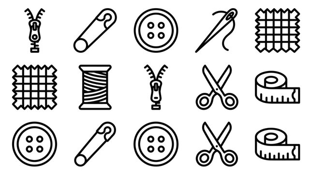 Sewing Tools and Notions Icon Set: Zipper, Button, Scissors, Needle, Thread, Fabric, Tape Measure