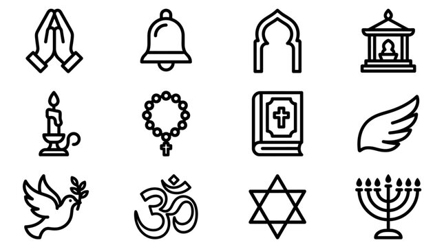 Religious Icons Set: Prayer, Candle, Bible, Dove, Om, Star of David, Menorah