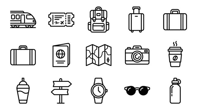 Travel Icons Set: Train, Ticket, Backpack, Suitcase, Passport, Map, Camera, Coffee