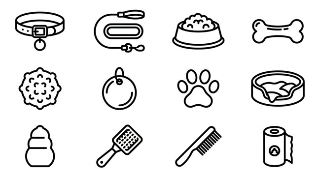 Dog Pet Care Icons Set: Collar, Leash, Food Bowl, Bone, Toy, Tag, Paw Print, Bed, Treat, Brush, Comb, Poop Bag