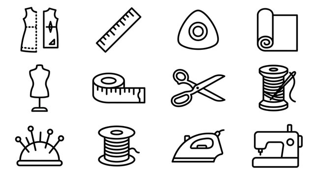 Sewing Icons Set: Tailoring Tools, Dressmaking, Fashion Design, Crafting Supplies