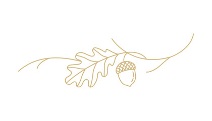 Minimalist gold line art illustration of an oak leaf and acorn on a branch © md