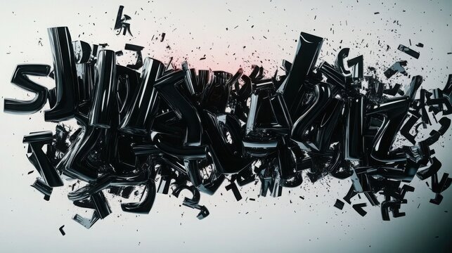 Letters arranged in a chaotic black explosion represent the complexity of language and communication in a modern digital environment where visual impact is essential for effective messaging.