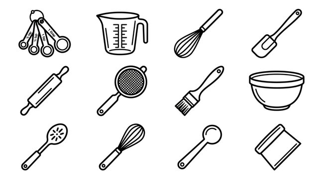 Baking Tools Collection: Whisk, Spatula, Rolling Pin, Measuring Cups, Bowl, Sieve, Brush