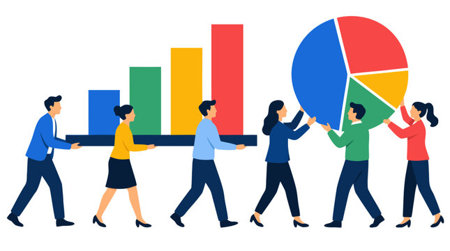 A diverse team of business professionals working together to carry a large colorful bar chart and a pie chart, representing corporate growth, data analysis, teamwork, and strategic planning in flat