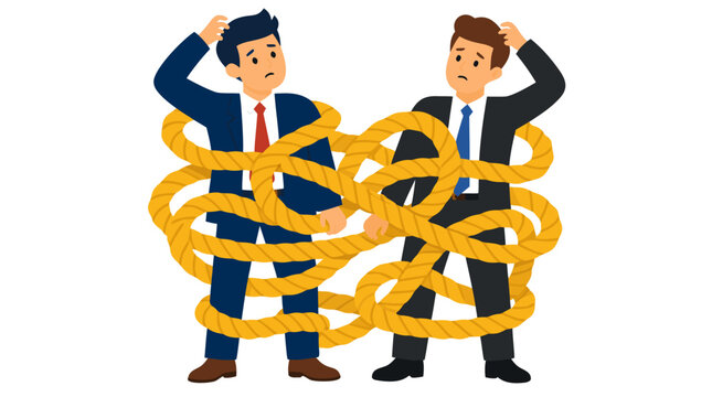 Confused businessmen tangled in a giant knotted rope, scratching their heads in frustration. This vivid vector illustration depicts complex business problems, challenges, and difficult decisions,