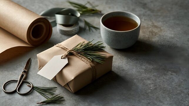 Cozy gift-wrapping scene featuring natural elements and warm tea