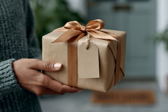 Close-up of hands presenting a nicely wrapped present