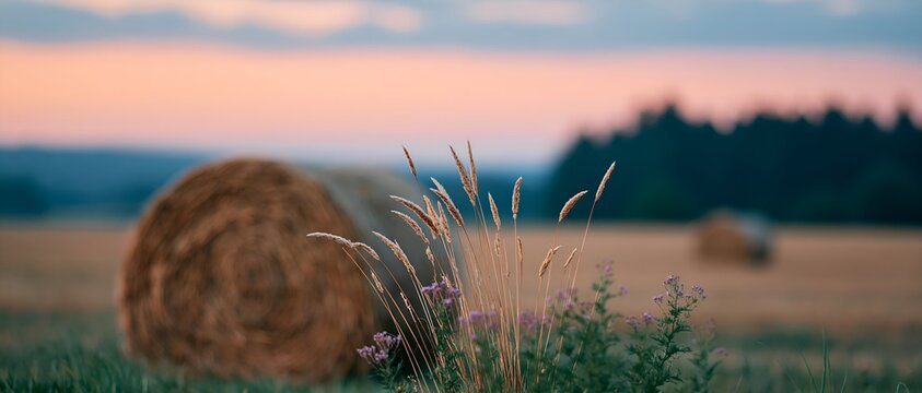 Twilight sky casts warm glow over harvested field