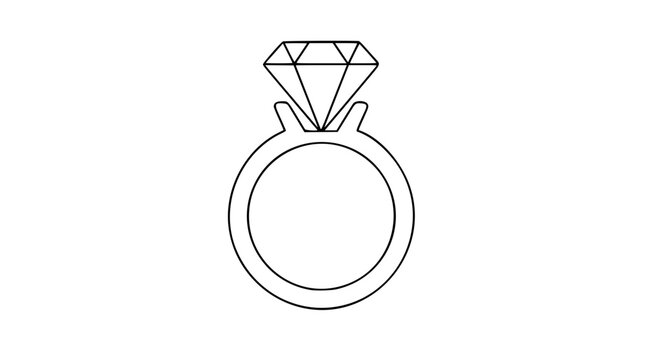 Elegant hand-traced vector icon illustration of a diamond solitaire ring with geometric faceted gemstone and circular band, ideal for jewelry, engagement, and luxury lifestyle branding
