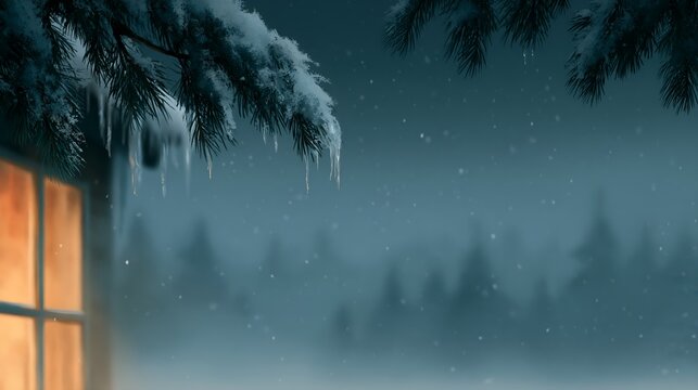 Cozy winter night scene with snowfall and glowing window