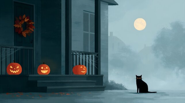 Black cat watches full moon as Halloween pumpkins glow on porch