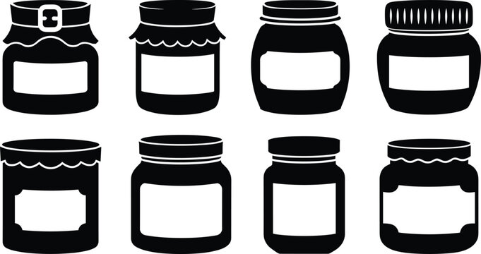 Glass jam jars displaying blank sticky labels and lid covers for kitchen food preservation storage theme