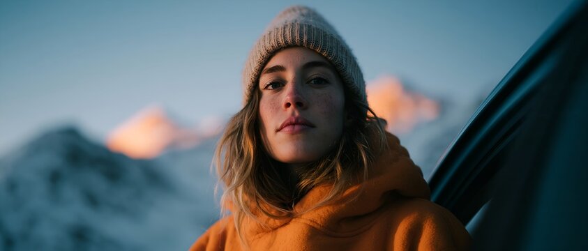Woman gazes thoughtfully while leaning against vehicle in snowy mountain setting