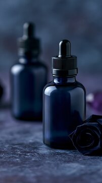 Sleek dark glass bottles with pipettes rest beside black rose