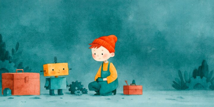 Child with robot companion in snowy landscape