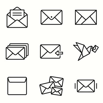Assorted email envelope and letter line icon set.