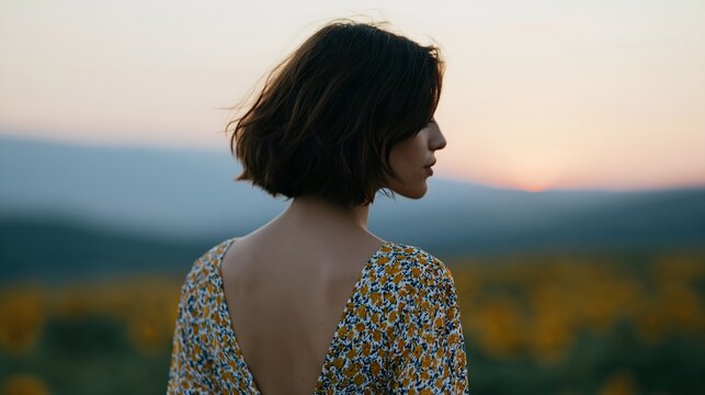 Silhouette of woman facing sunset with sunflowers and hills behind