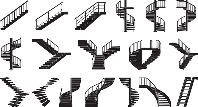 Collection of various staircase silhouettes featuring straight spiral and curved architectural stair designs in black vector format