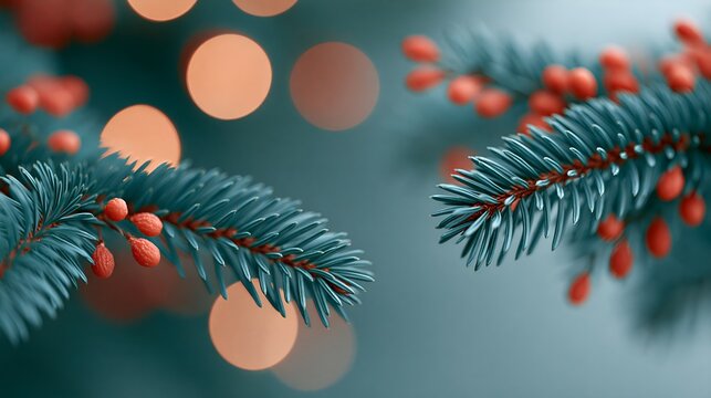 Close-up of pine branches adorned with red berries