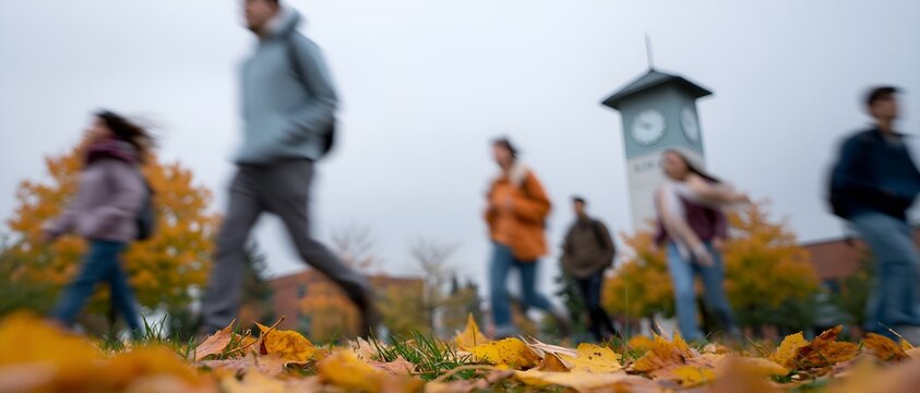 Blurry pedestrians stroll near a clock tower amid golden autumn leaves
