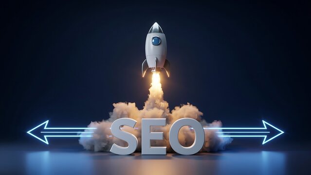 Seo search engine optimization business concept with rocket launch from clouds and glowing neon arrows on dark blue background representing website traffic growth and digital success.