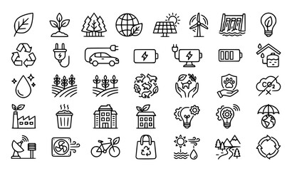 Fototapeta premium Eco Friendly Sustainability Thin Line Icon Set with Renewable Energy Plant Leaf and Conservation Symbols