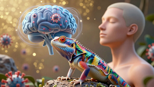 Bearded Dragon with Brain and Virus Illustration - AI-Generated Concept Art