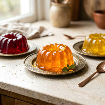 Colorful fruit jelly desserts on bronze plates. Sweet gelatin molds for festive catering.