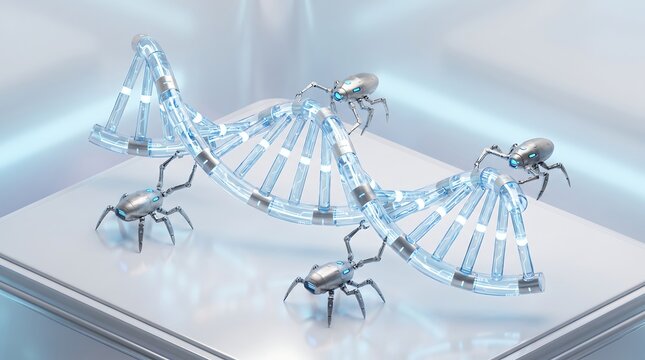 Small robotic spiders crawling on a glowing blue dna double helix structure on a white platform in a laboratory research environment